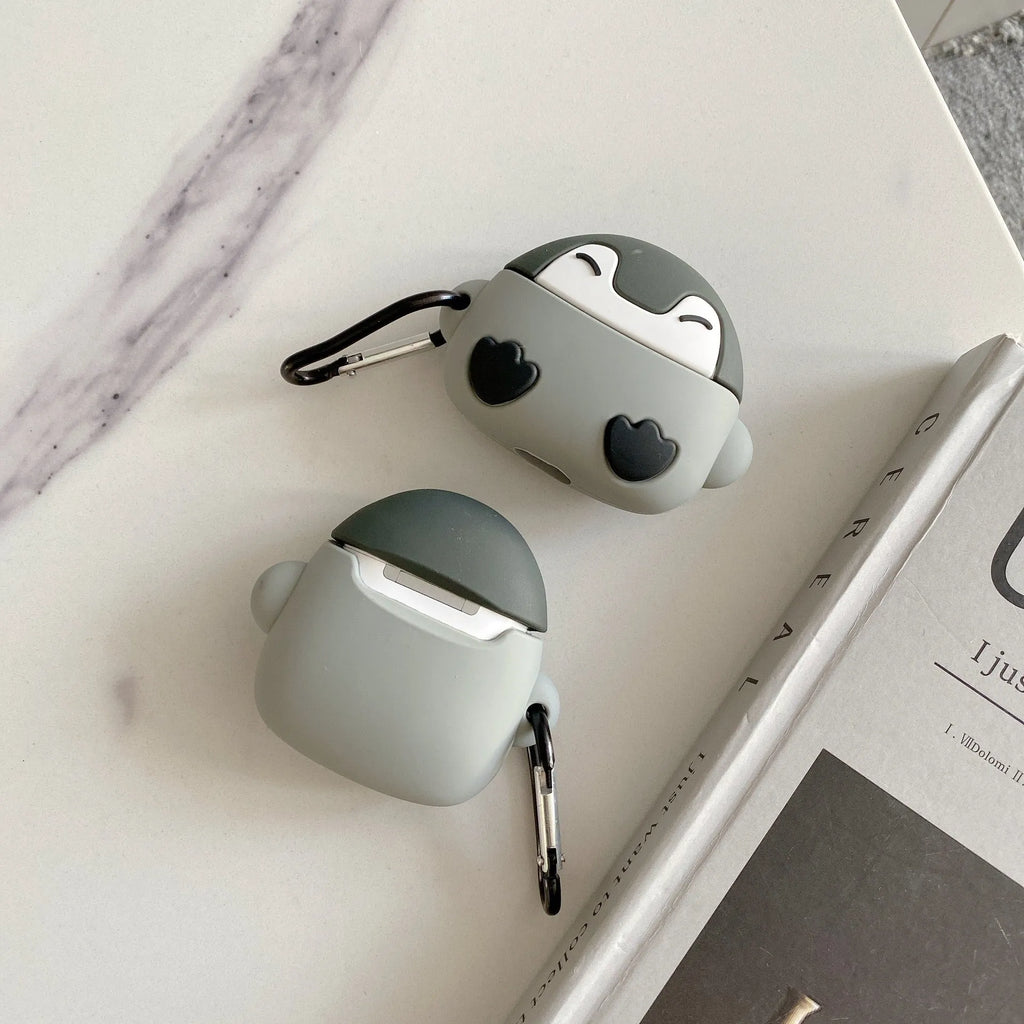 Penguin silicone AirPods case with red climbing button carabiner and 3D relief, fits AirPods 1 2 3 Pro