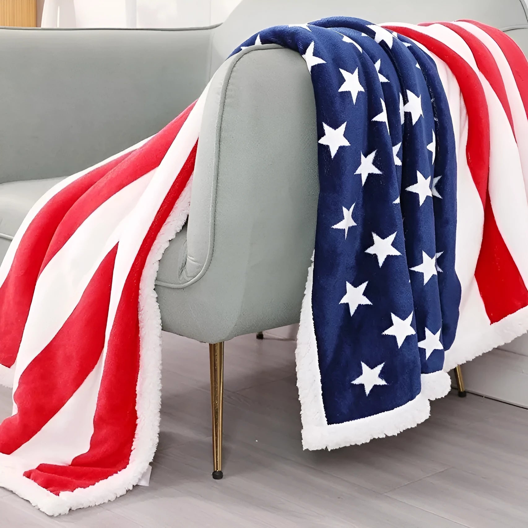 Striped American-style polyester blanket shown in three size options: 80x120cm, 100x130cm, and 130x150cm.