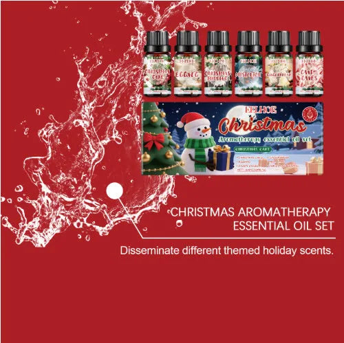 Christmas aromatherapy oil suit showing six diffuser units with 60ml and 10ml bottles