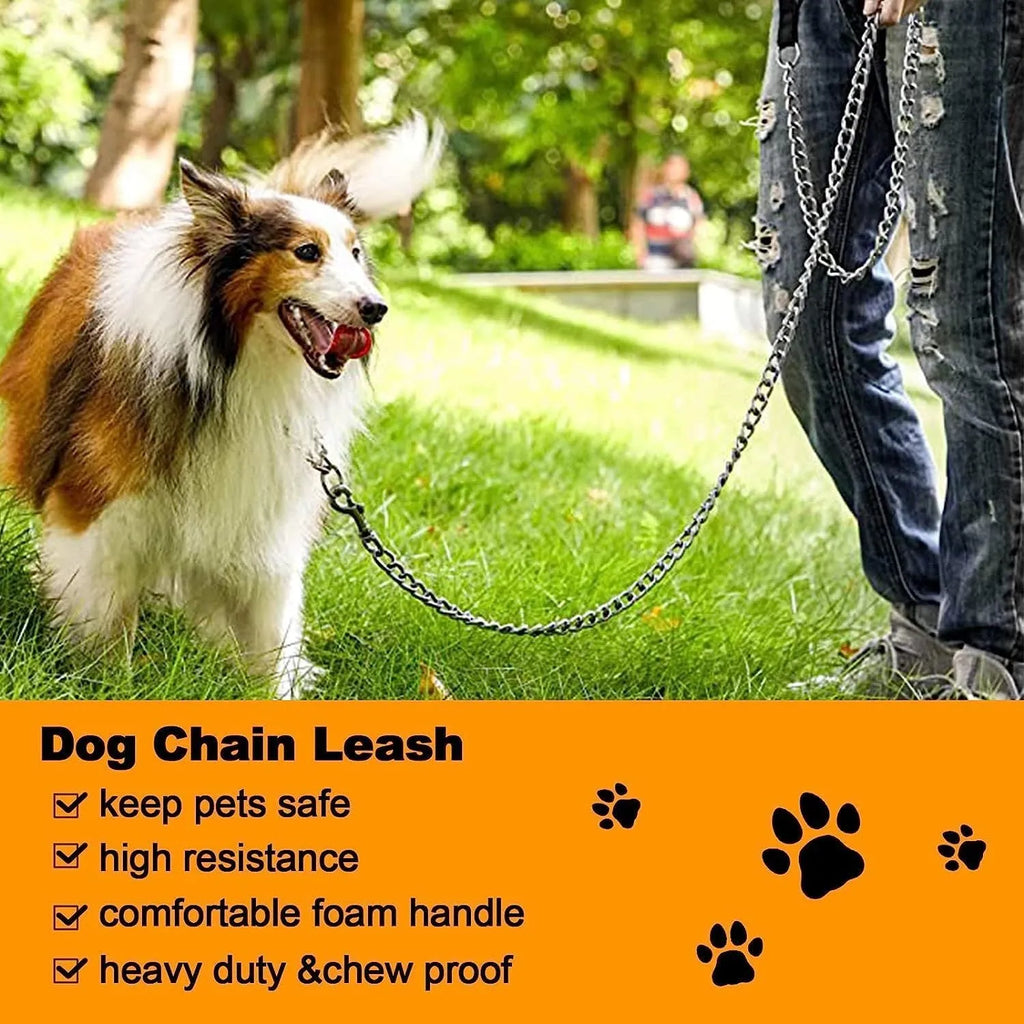 Heavy duty black metal dog leash with soft blue padded handle for large dogs