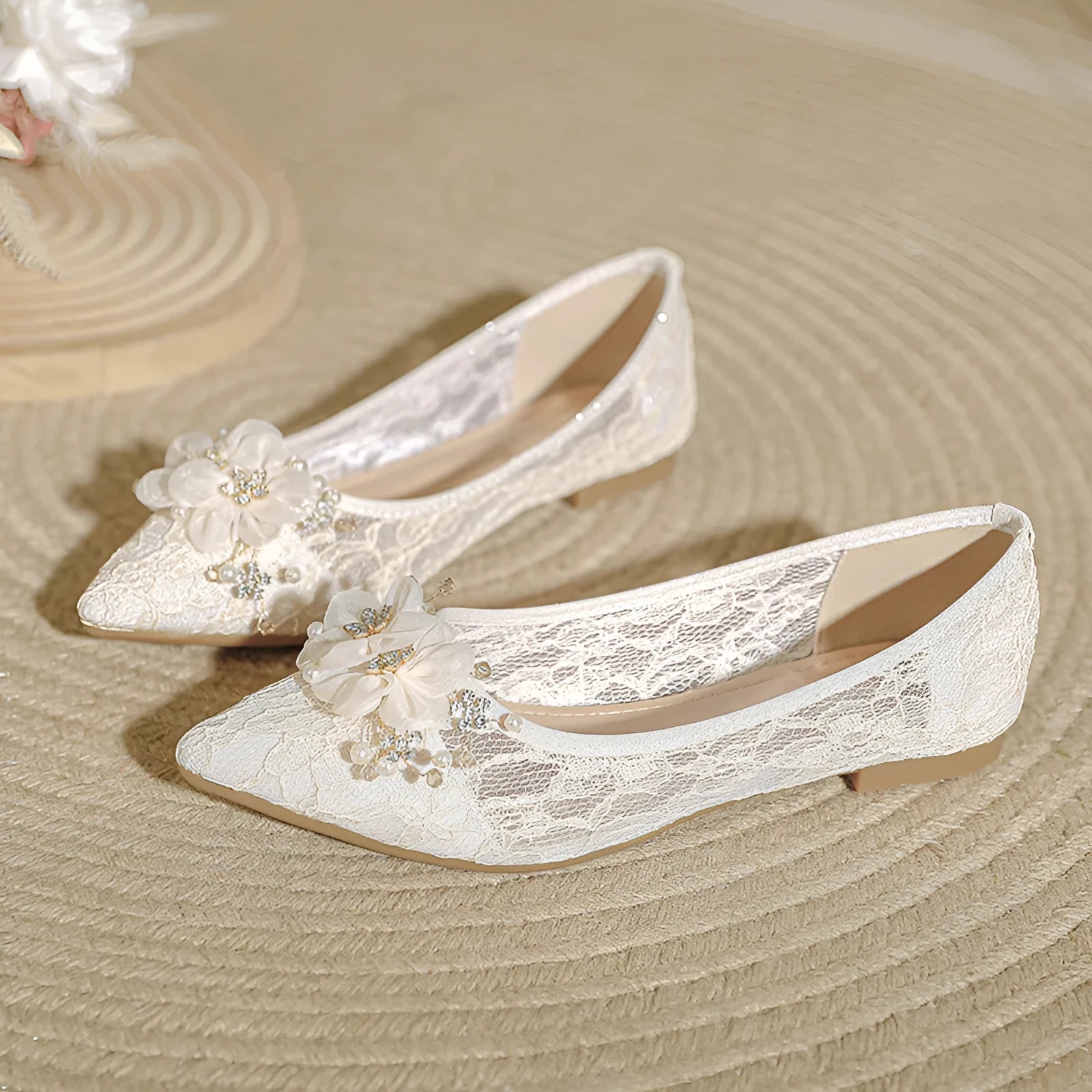 Apricot flat heel wedding shoes with lace and rhinestone details, shallow mouth, low top, sizes 35 to 43