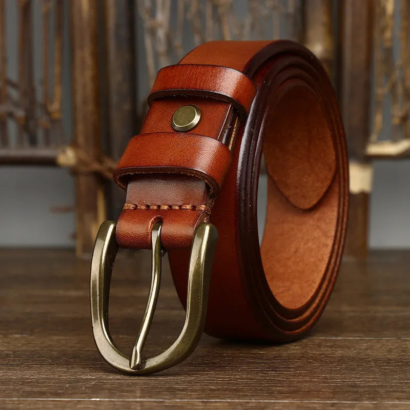 Men's genuine leather belt with 3.3cm wide copper buckle, handmade vegetable tanned, available in black brown khaki and red brown