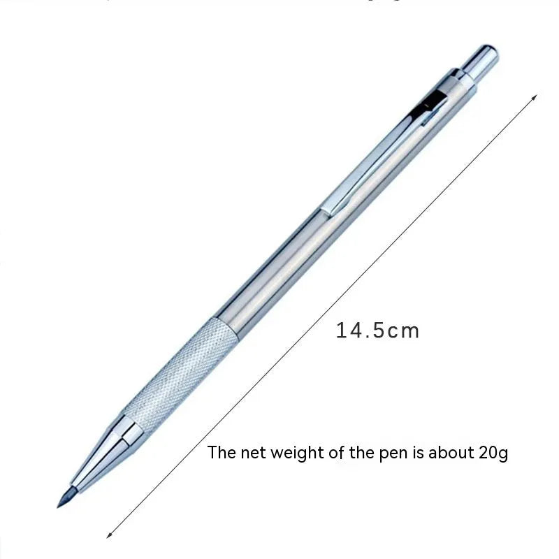 Silver metal mechanical pencil with clip, shown with compatible lead refills in sizes 0.5mm and 2.0mm.