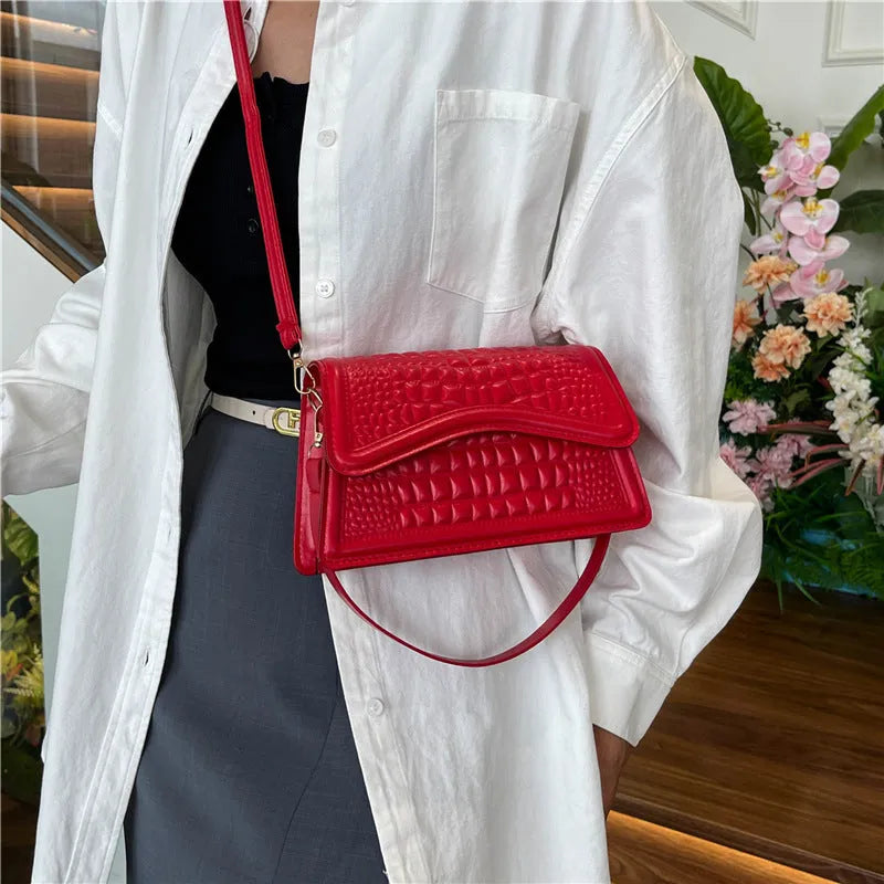 Crocodile pattern horizontal square PU messenger bag in five colours with phone pocket and synthetic leather lining