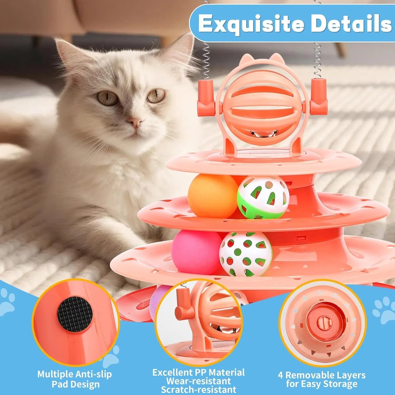 Blue 4-tier cat puzzle toy with 6 sliding balls and teasing rods on circular track