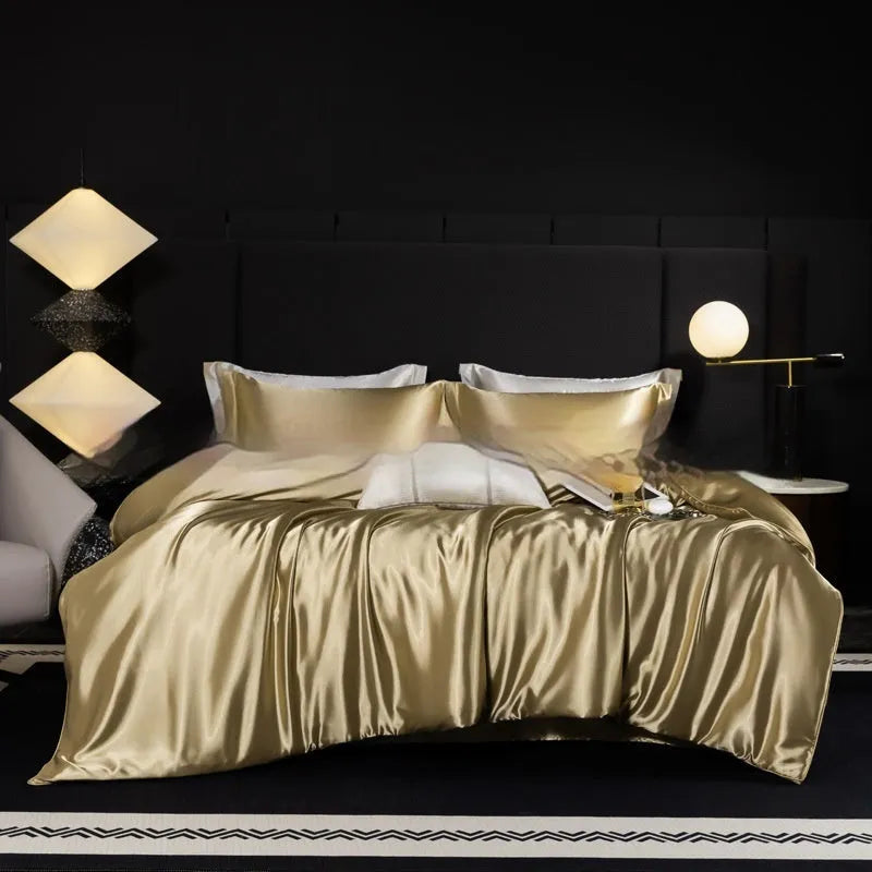 Solid colour silk bed sheet four-piece set showing Ash Purple, Cool Black, and Matcha Green options on a bed.