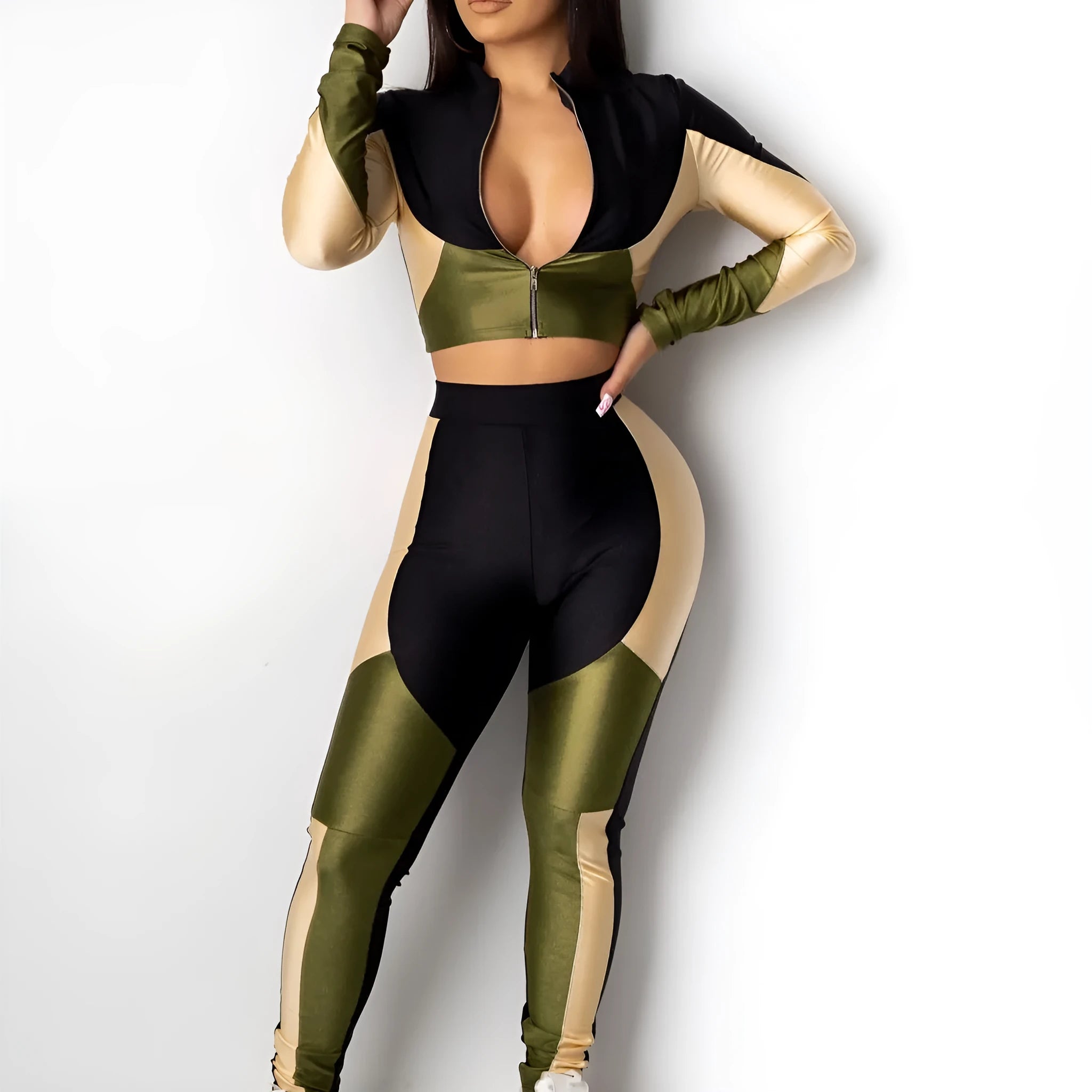 Women's solid colour sports two-piece suit with three-colour stitching, long sleeves, elastic satin fabric