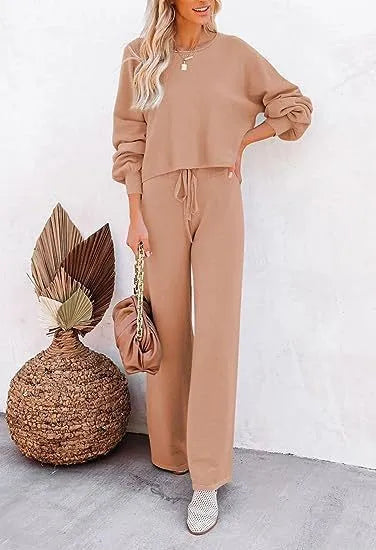 Women's casual solid colour two-piece set, long-sleeved top and trousers, polyester, beaded detail, in apricot colour
