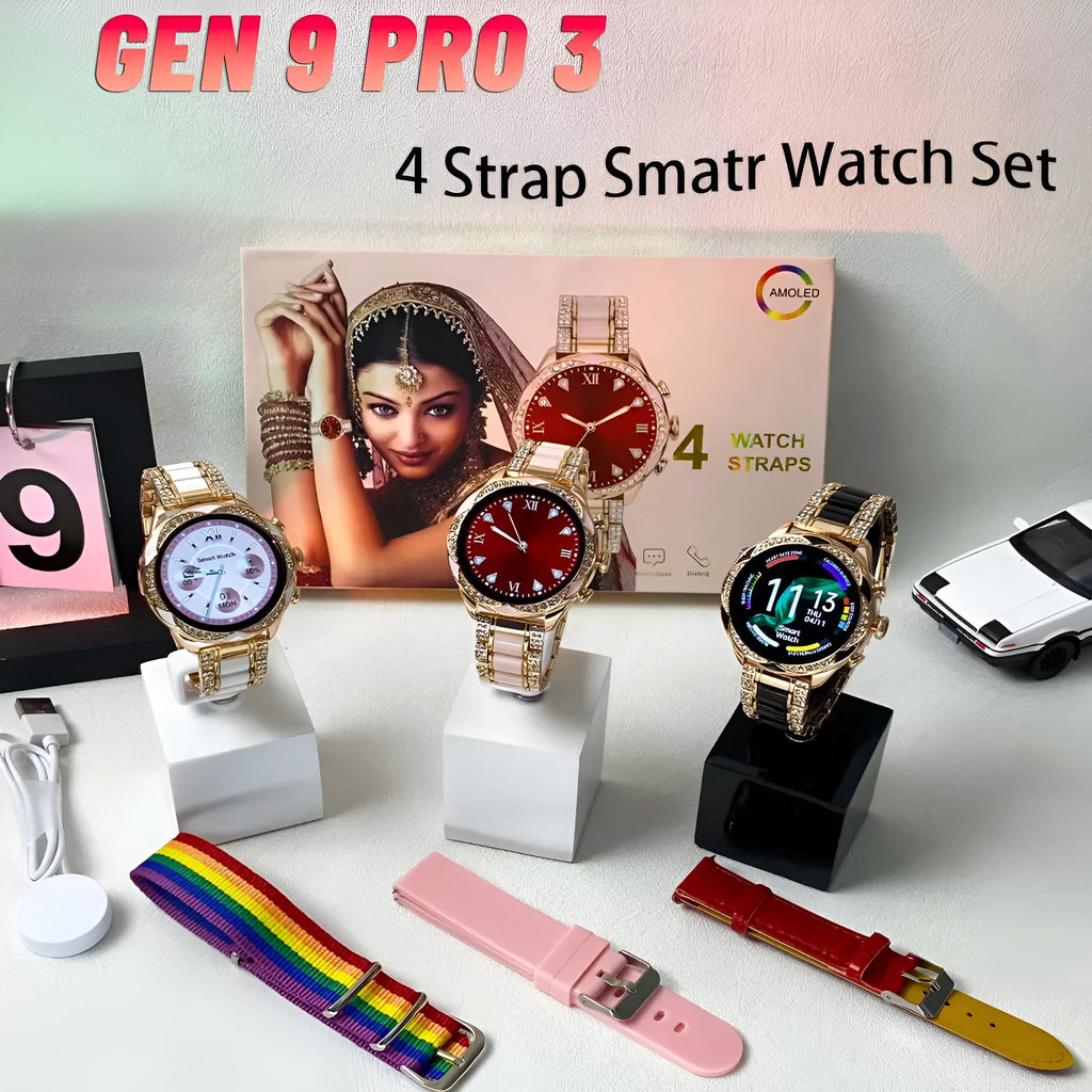 Ladies smartwatch with heart rate and blood pressure monitor, black colour, with four interchangeable watchband options