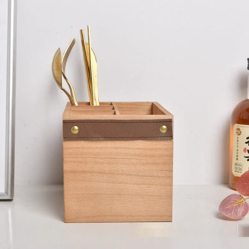 Wooden kitchen storage box for knives forks chopsticks with internal divider grid