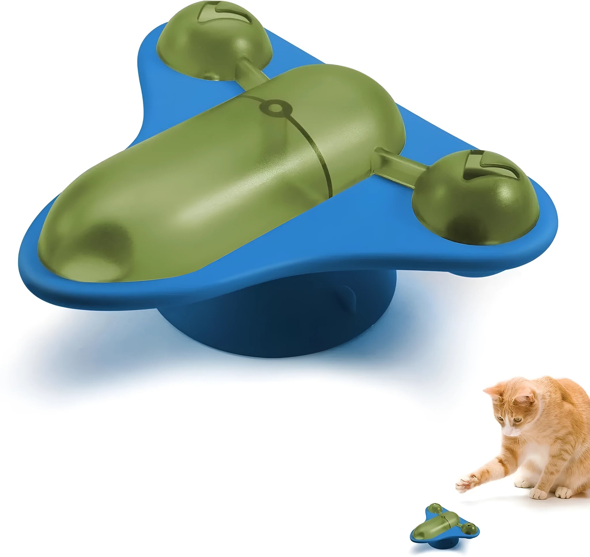 Blue interactive pet puzzle toy with bell, catnip holder and airplane snack compartment on suction cup base
