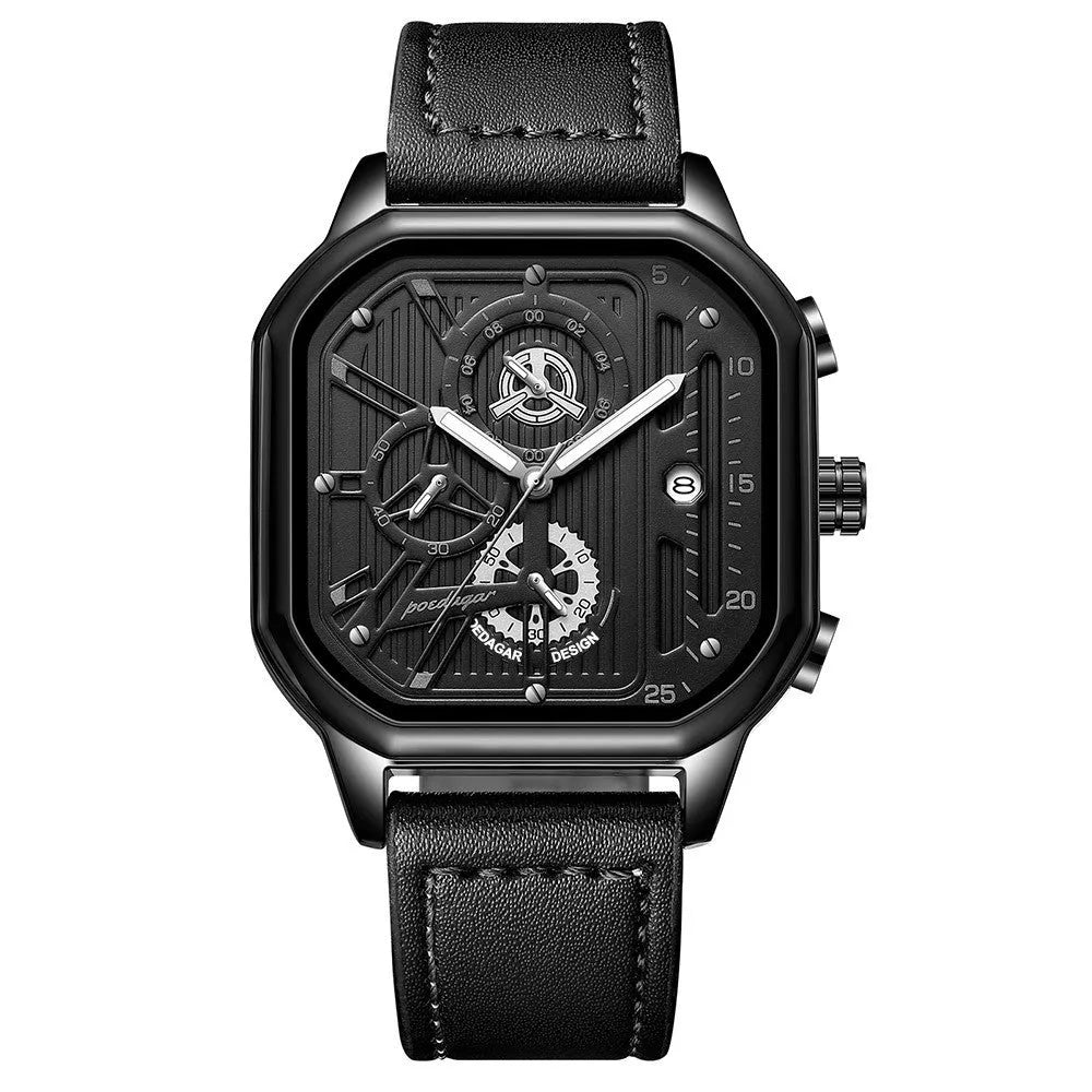 Men's belt-style quartz sports watch showing black or gold shell options with nail accents on a wrist.