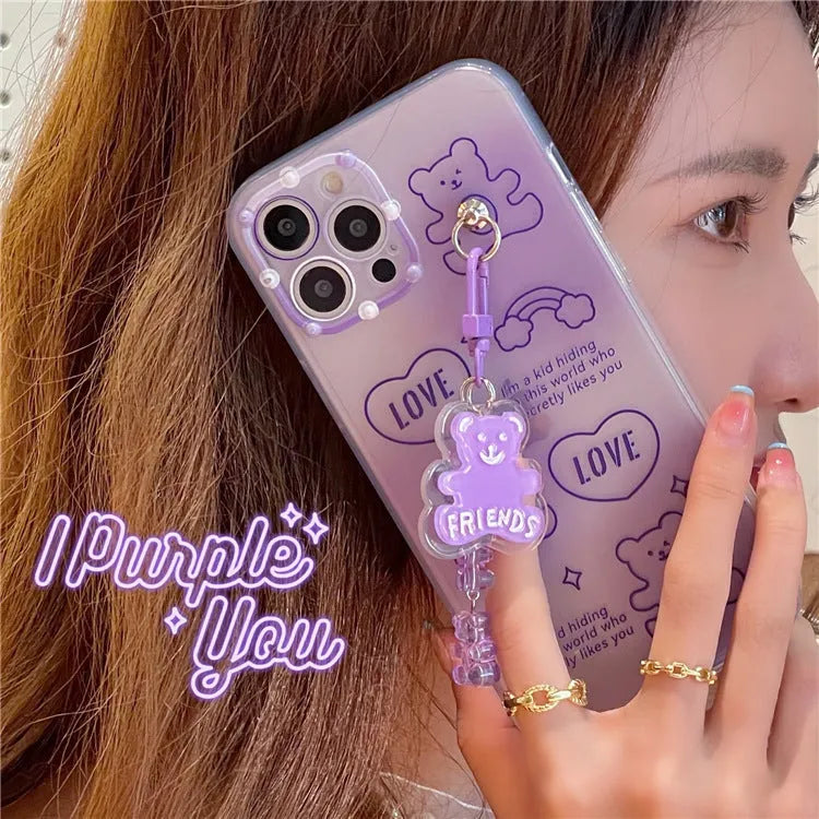 Purple clear gummy bear pendant lanyard TPU phone case for iPhone 12 Pro and iPhone 13