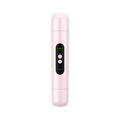 Pink and white portable electric body hair depilator with USB charging cable on a white background.