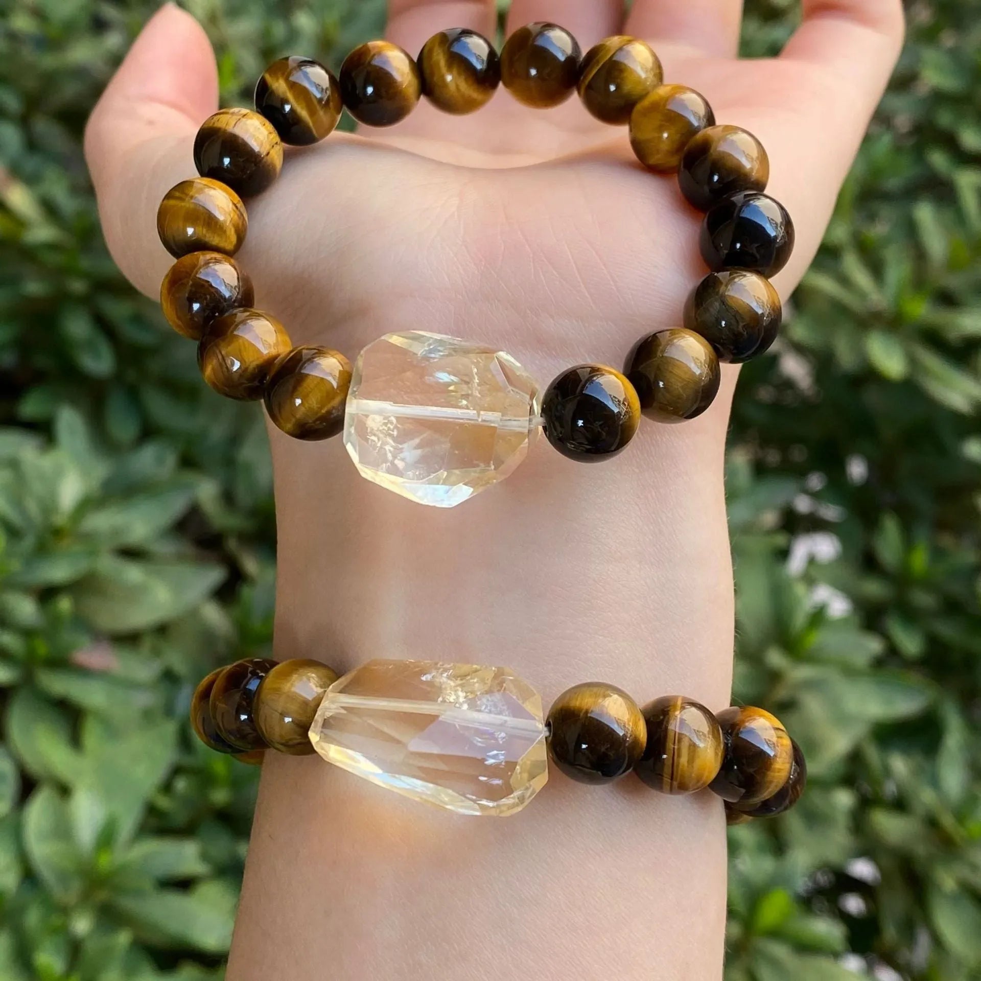 Handmade unisex crystal bracelet with diamond-studded gourd charm and mix of 8mm and 10mm prayer wheel, topaz, and disc beads.