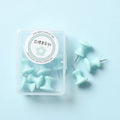 Boxed plastic push pins in macaron colours: cherry blossom pink, mint green, and lavender in large and small sizes