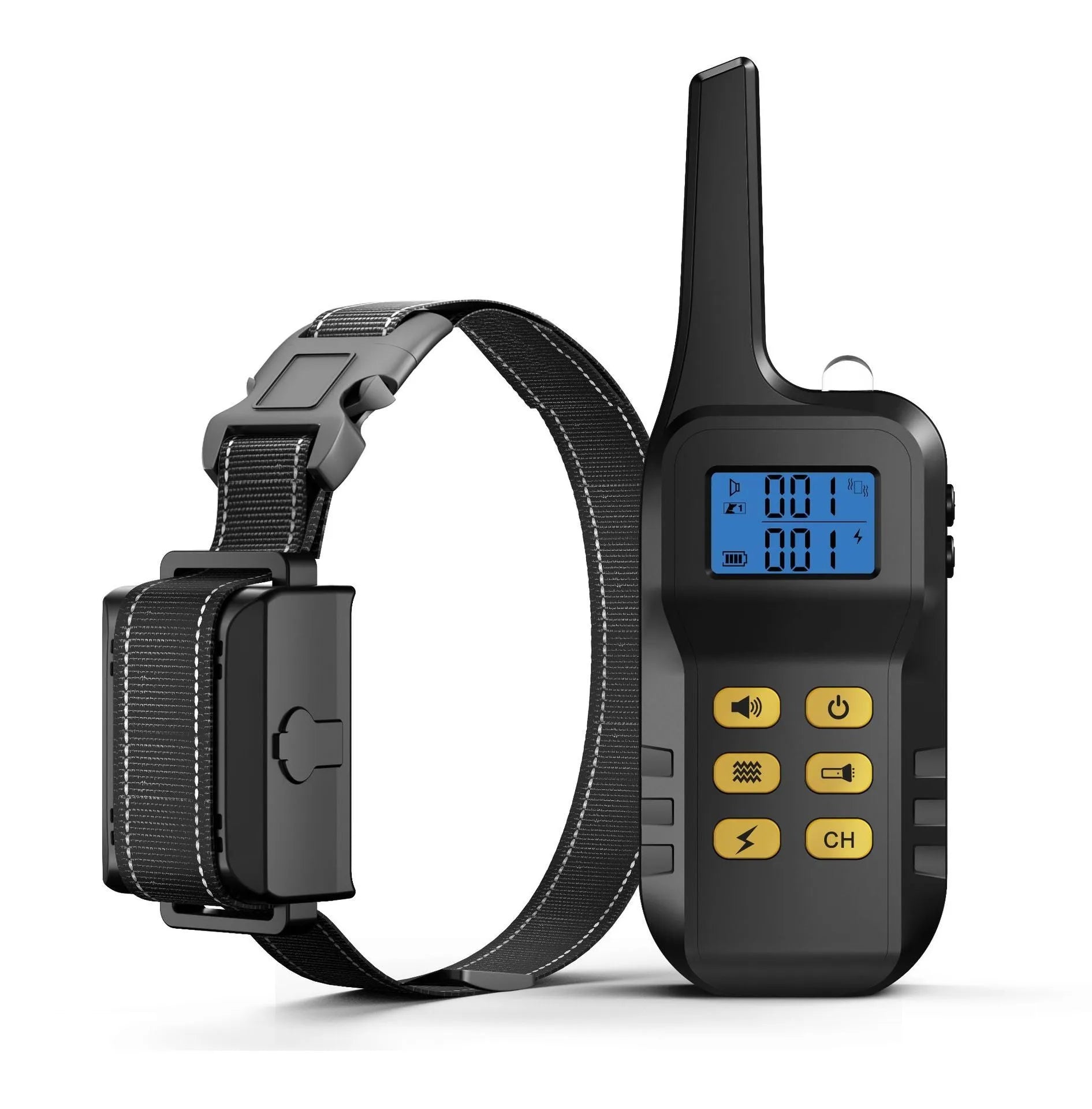Yellow ABS automatic bark stopper collar for dog training on white background