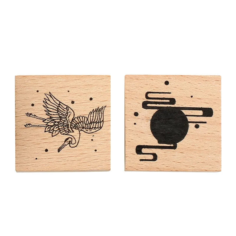 Wooden stamp with rubber printing surface featuring traditional Chinese crane design