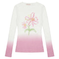 Women's long-sleeved gradient flower print T-shirt in light pink, made from thin polyester fabric.