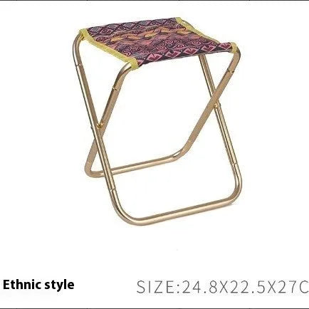 Black ethnic-style aluminium alloy folding stool shown in folded and unfolded positions.