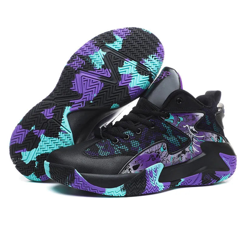 Men's high top basketball shoes in graffiti colour blocking with breathable upper and non-slip rubber outsole