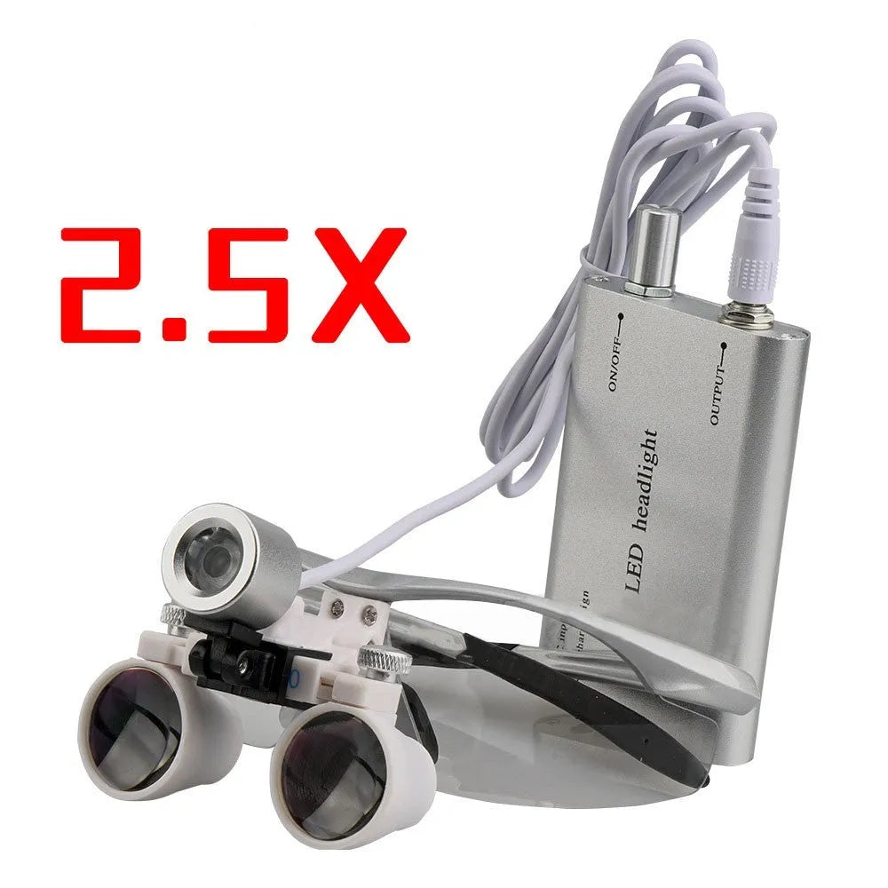Black head-mounted dental magnifying glasses with LED headlight on adjustable plastic frame