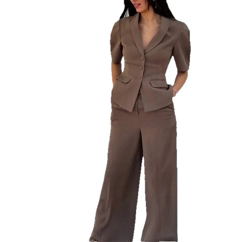 Brown men's slim fit polyester suit with long sleeves on a hanger
