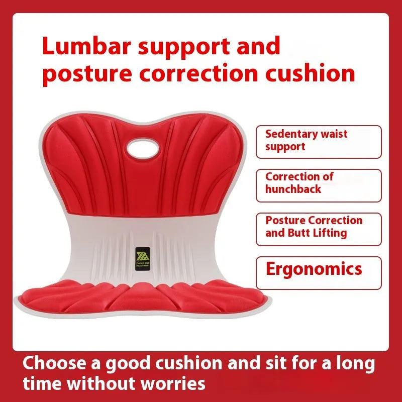 Grey ergonomic waist support cushion on office chair for posture correction