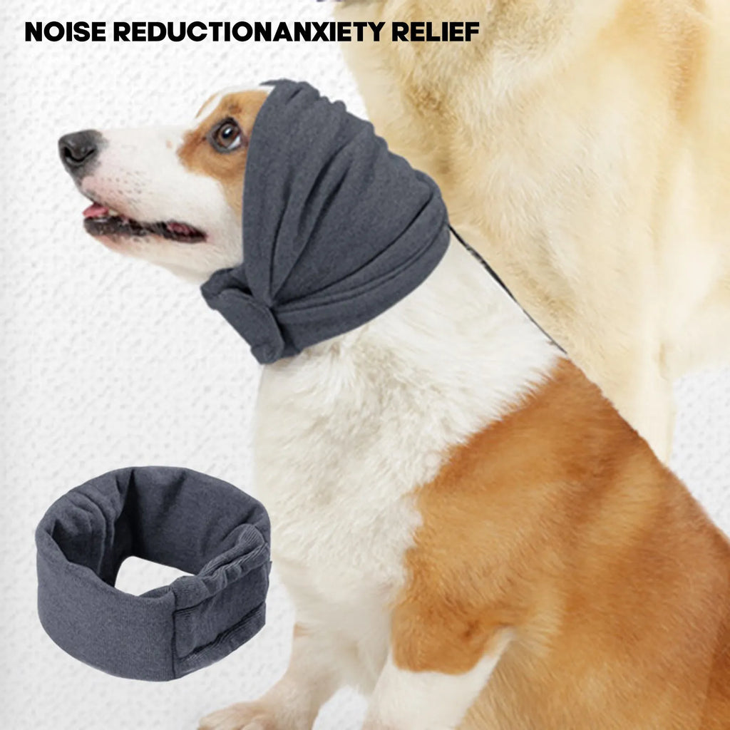 Polyester dog calming hoodie head wrap in black or purple colours with size options for noise reduction and hair management