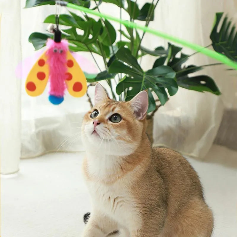 Blue cat wand toy with dragonfly attachment and bell on 49cm stick for interactive indoor cat play
