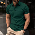 Man wearing a solid colour short sleeve polo shirt with a button-down lapel.