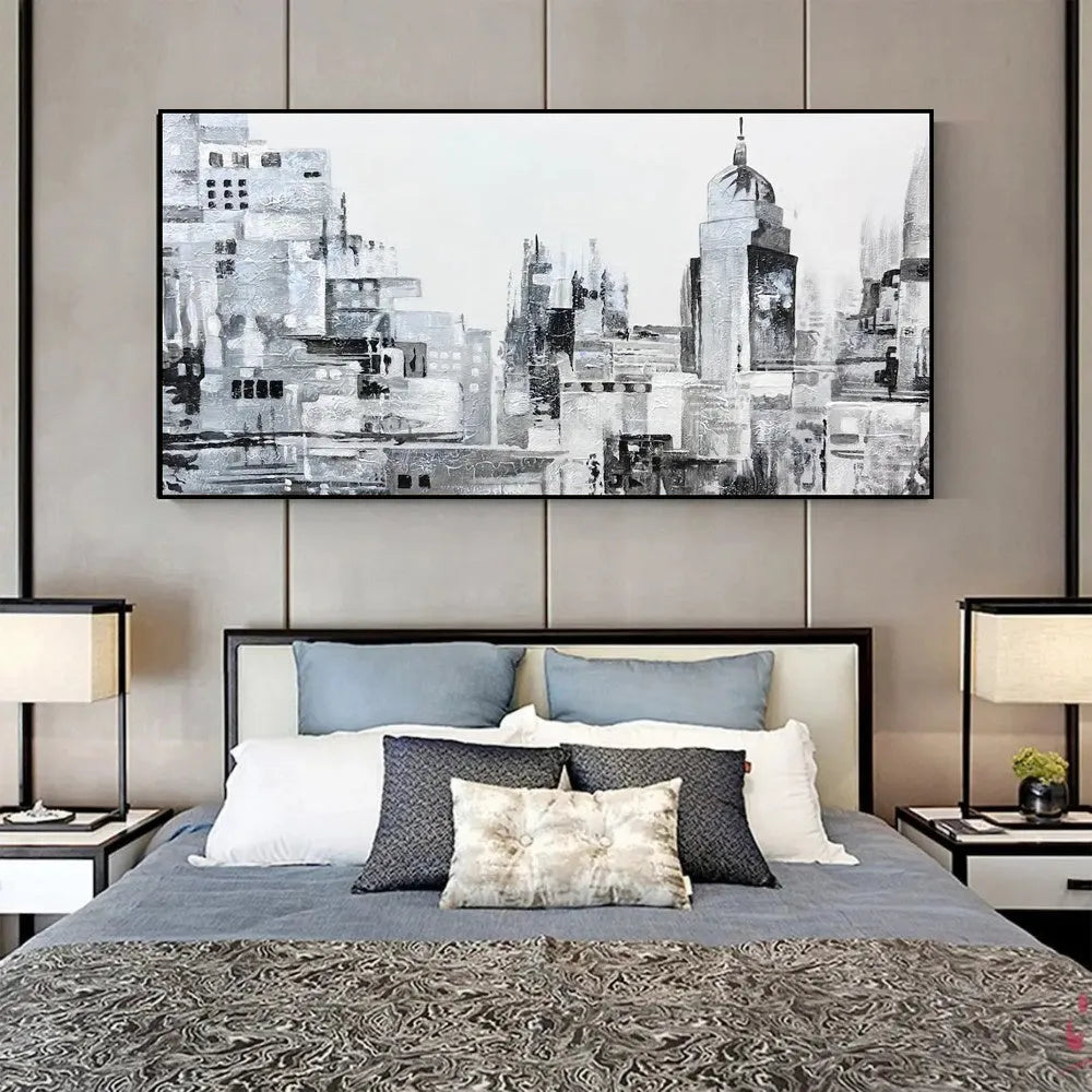 Handmade black and white abstract oil painting on canvas of urban street scene, rolled and frameless.