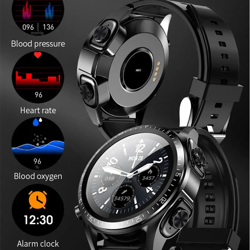 Round black smart watch with stainless steel case, Bluetooth call and heart rate monitoring features on a plain background.