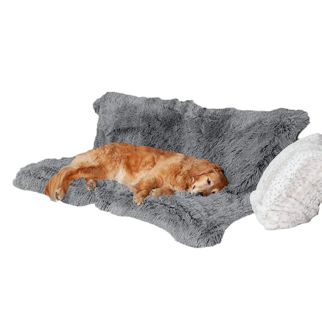 A dark grey plush waterproof dog cushion with a double-layer thickened design, shown in a Large size.