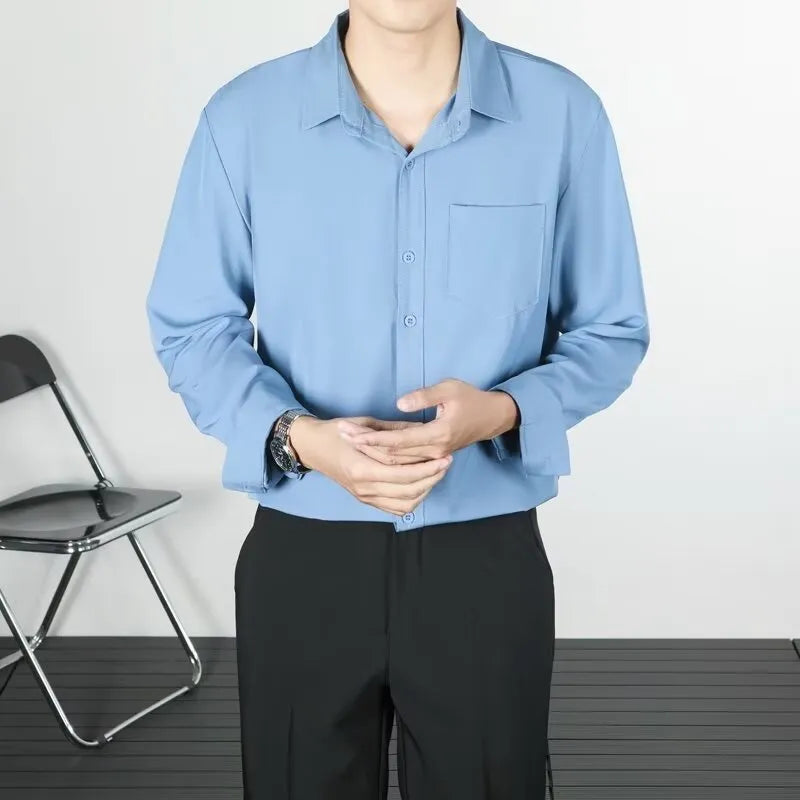Korean-style linen long-sleeved shirt for men in loose fit, available in six solid colours including black and white
