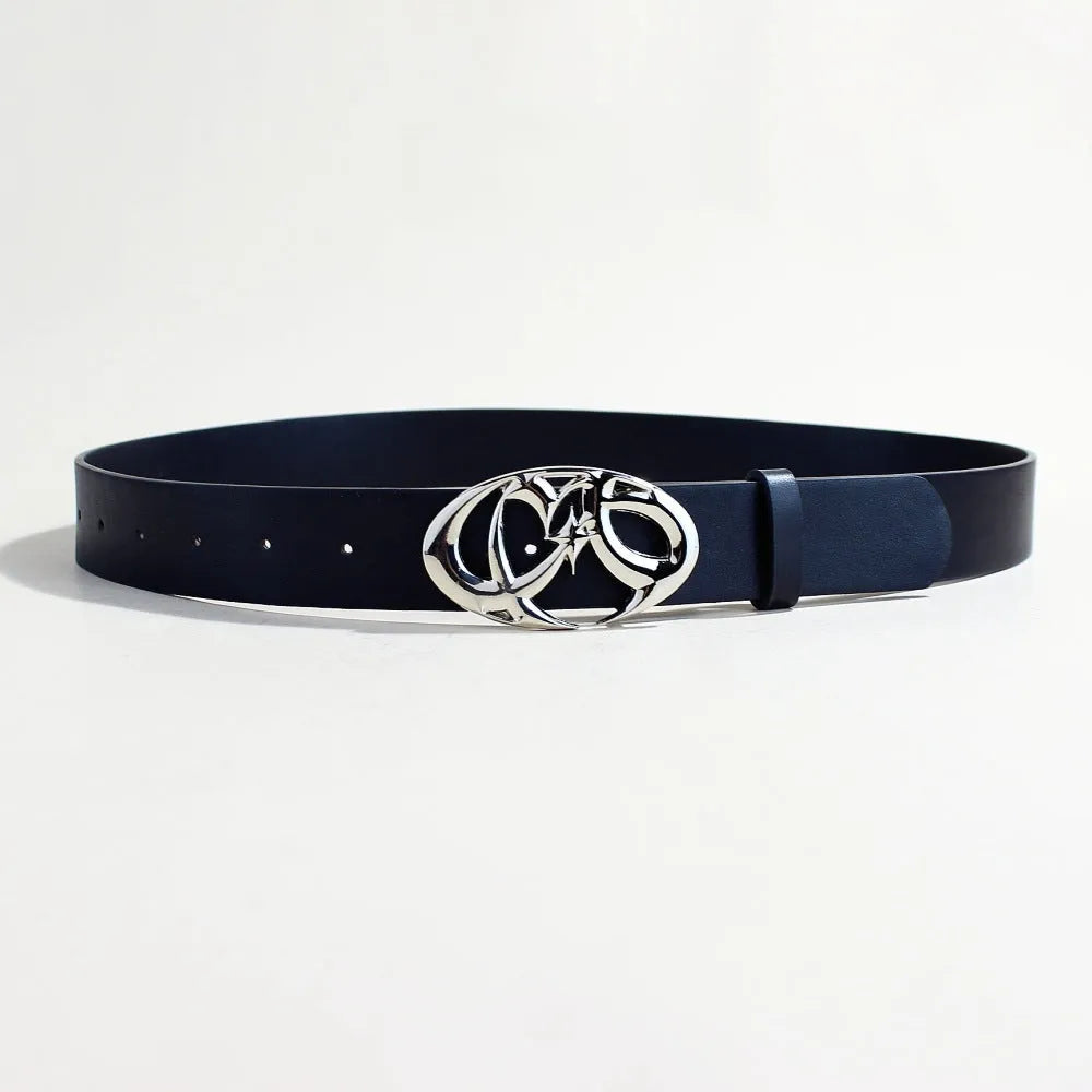 Casual silver buckle belt made from PU leather with snap button fastening