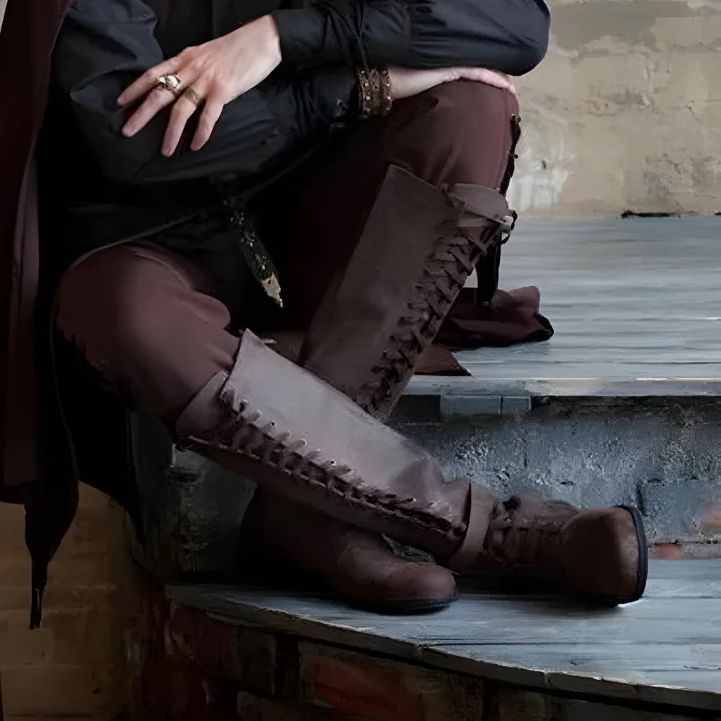 Women's long lace-up boots with low heel in black artificial PU and rubber sole
