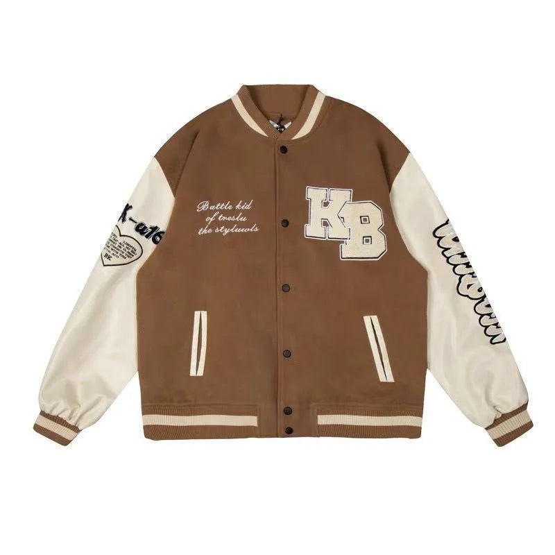 Men's loose denim baseball jacket with cotton lining, solid colour, side seam pockets, brown black or blue