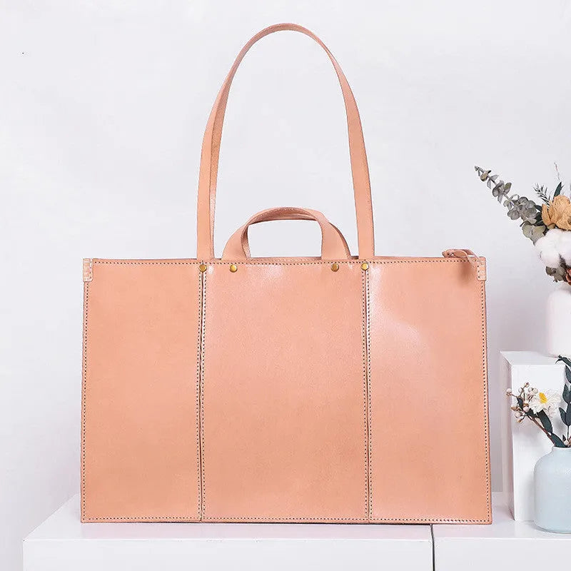 Large retro tote bag in vegetable tanned leather with top layer cowhide, 52cm by 33cm, in 8751Brown