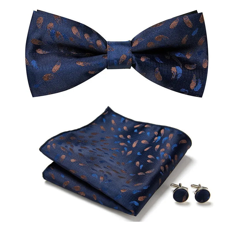 Floral Bow Tie Set of Three Pieces Polyester Yarn Hand-Sewn 12cm by 6cm Bow Tie with Matching Pocket Square 25x25cm and Cufflinks 1.5cm for Men's Formal Wedding and Party Accessories Multistyle Options