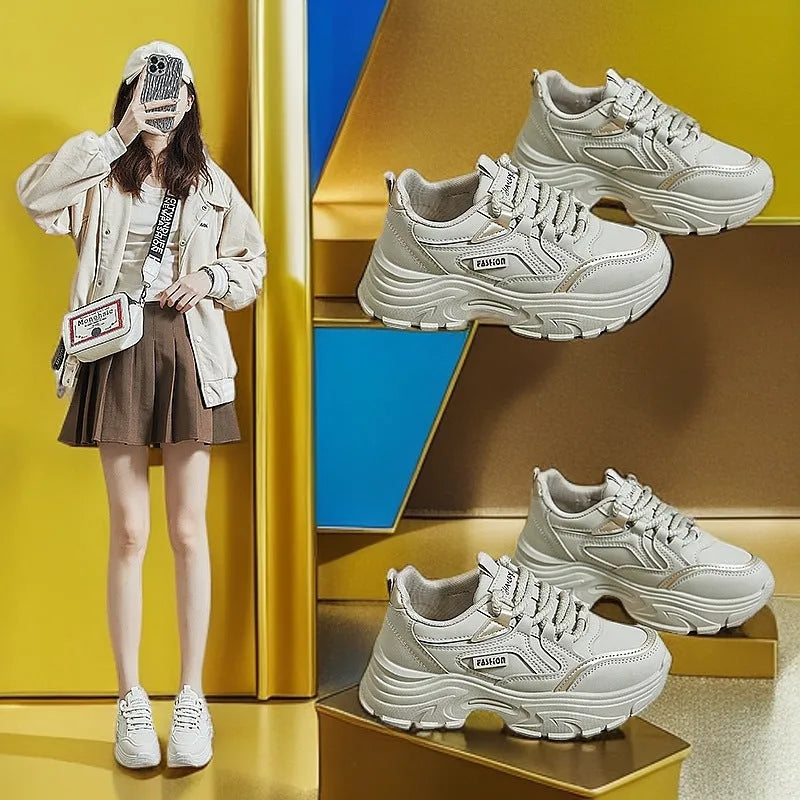 Breathable student sports height increasing low-top shoes for women, artificial PU upper, rubber sole, round head