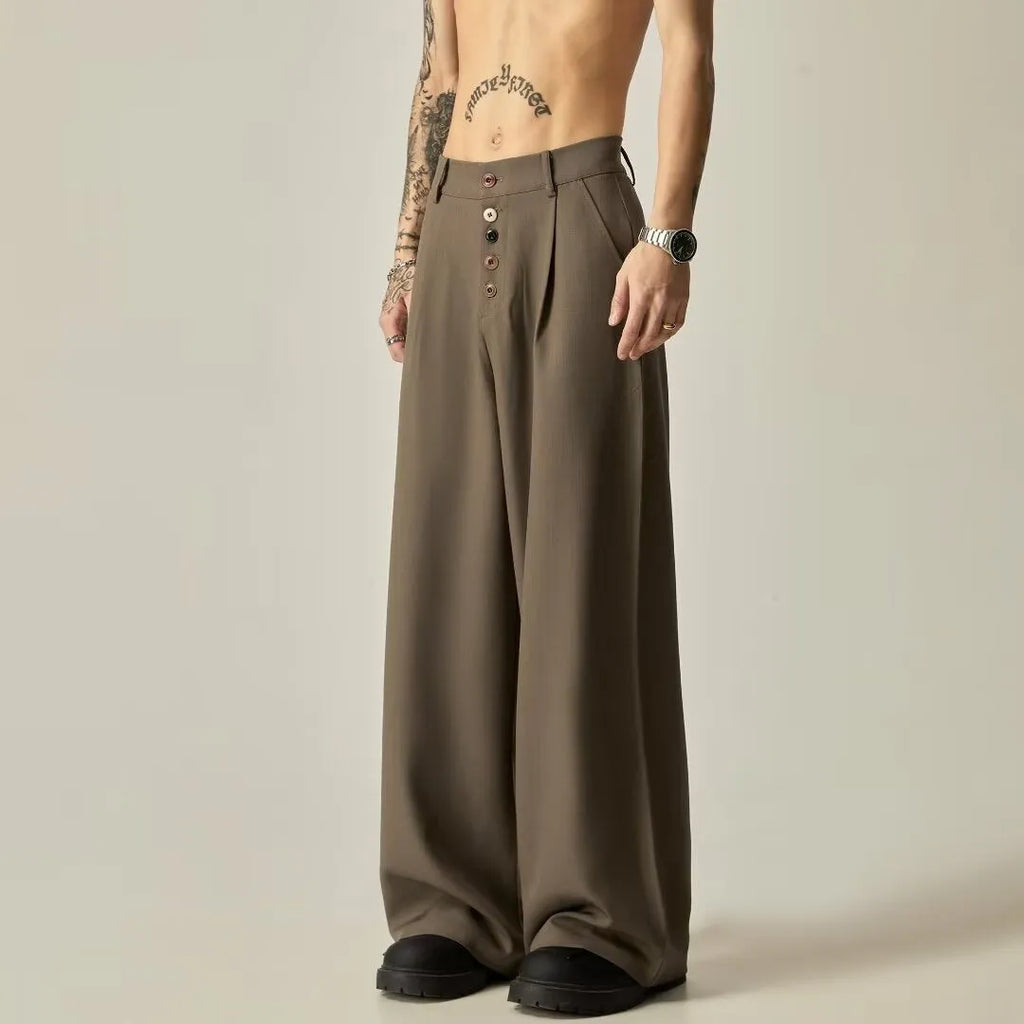 Men's solid black wide-leg casual trousers with a straight-leg cut and elasticised waist.