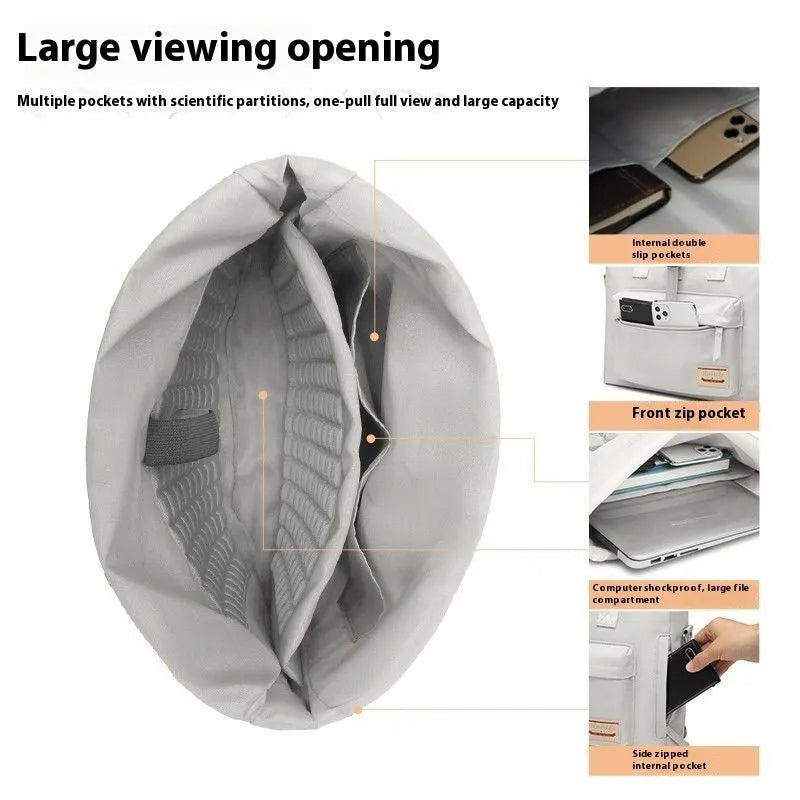 Shockproof anti-drop laptop sleeve case in waterproof nylon, shown in beige grey colour, suitable for 13 to 15.6 inch laptops.