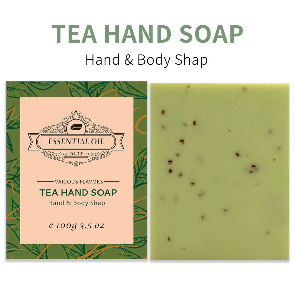 Handmade frosted essential oil soap bar on a bathroom surface, showing its textured finish.