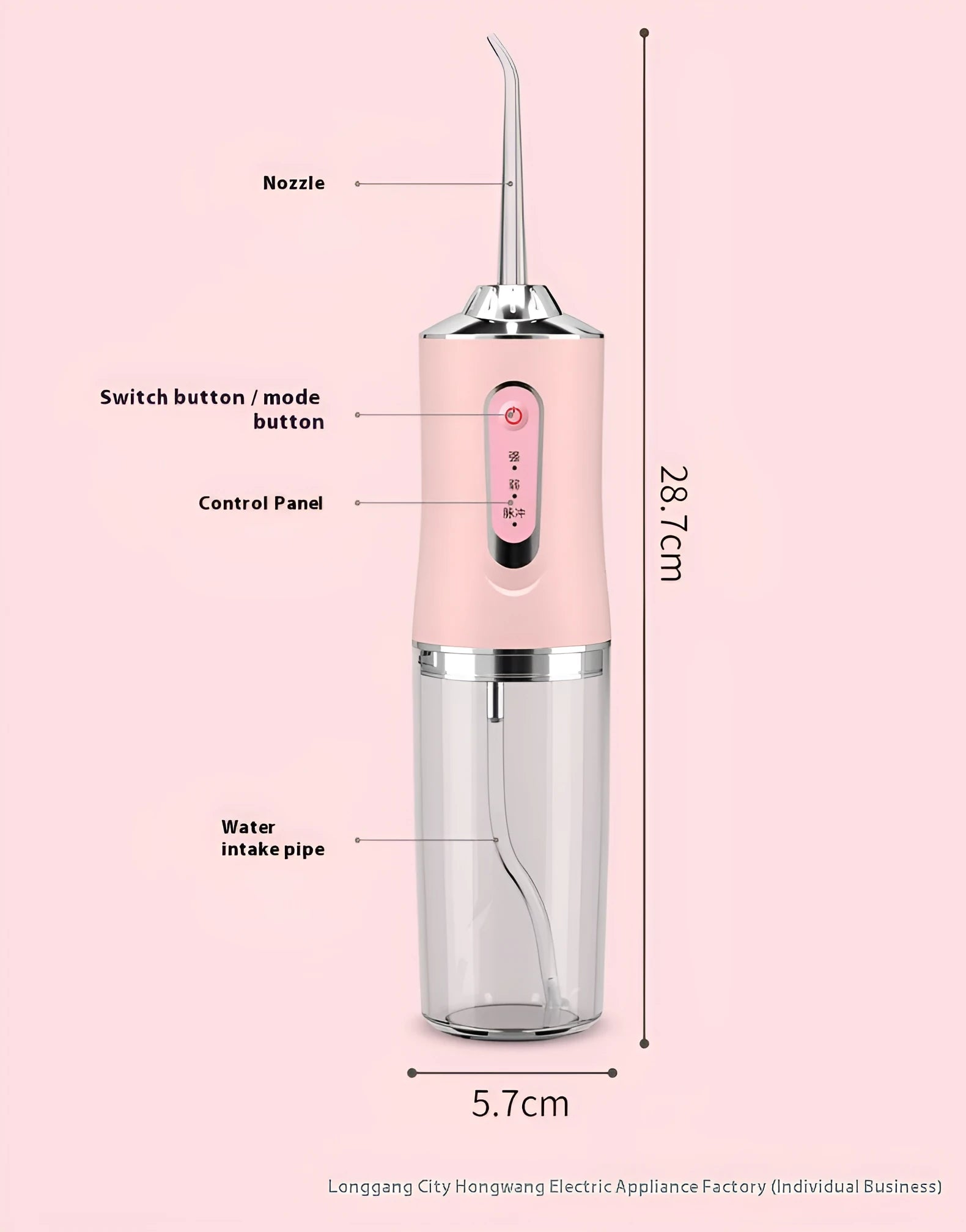 Pink electric water flosser with nozzle and water tank on a bathroom surface