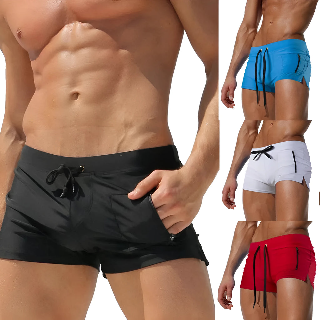 Men's black high waist tight lace-up polyester swimming trunks on a white background