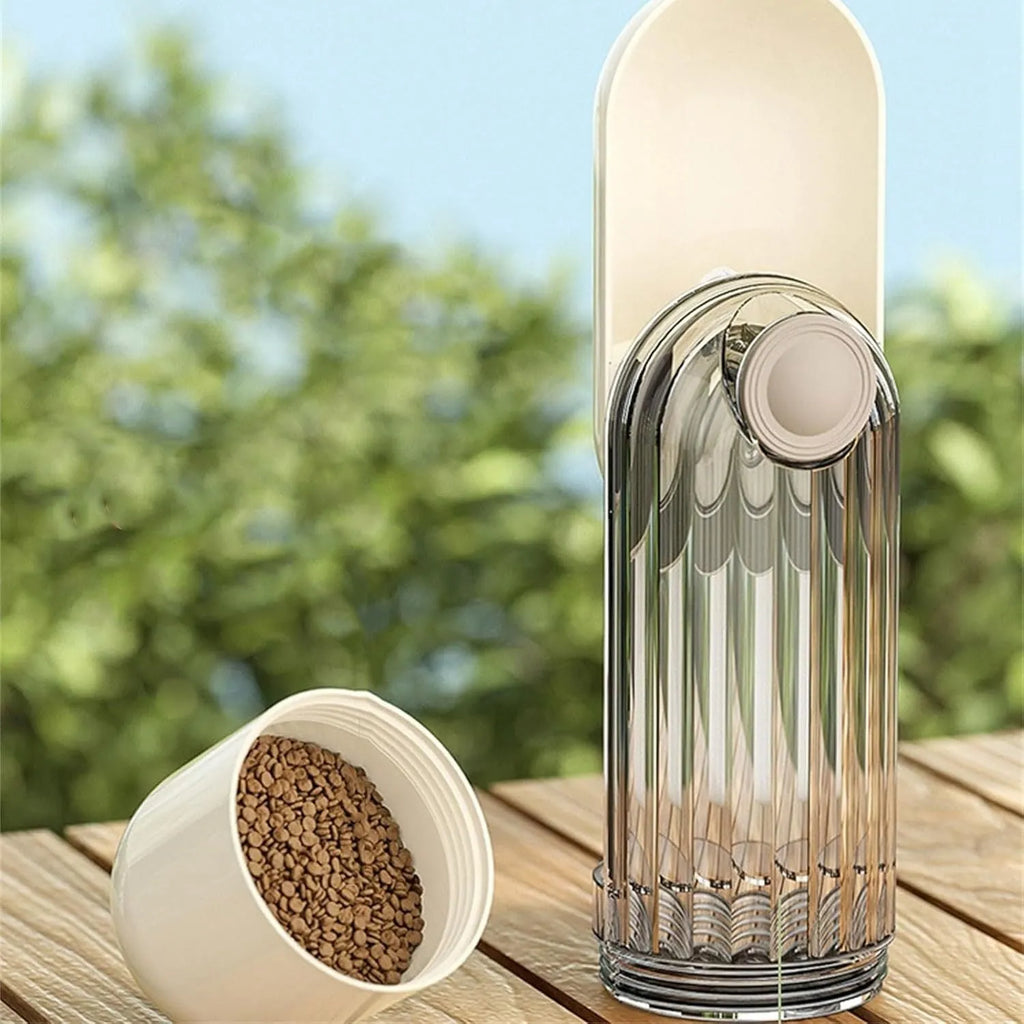 Beige and green foldable dog water bottle with food container, showing dimensions.