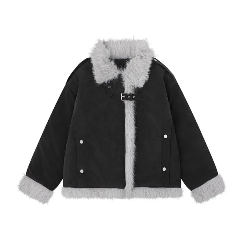 Women's American-style retro lamb wool coat loose fit in black colour