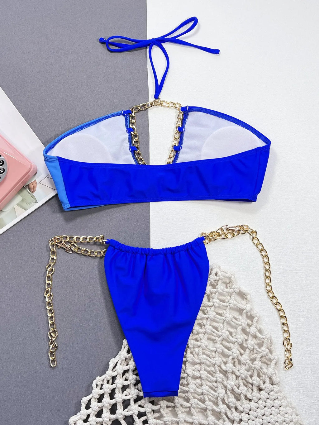 Solid blue women's bikini swimsuit set with nylon fabric construction
