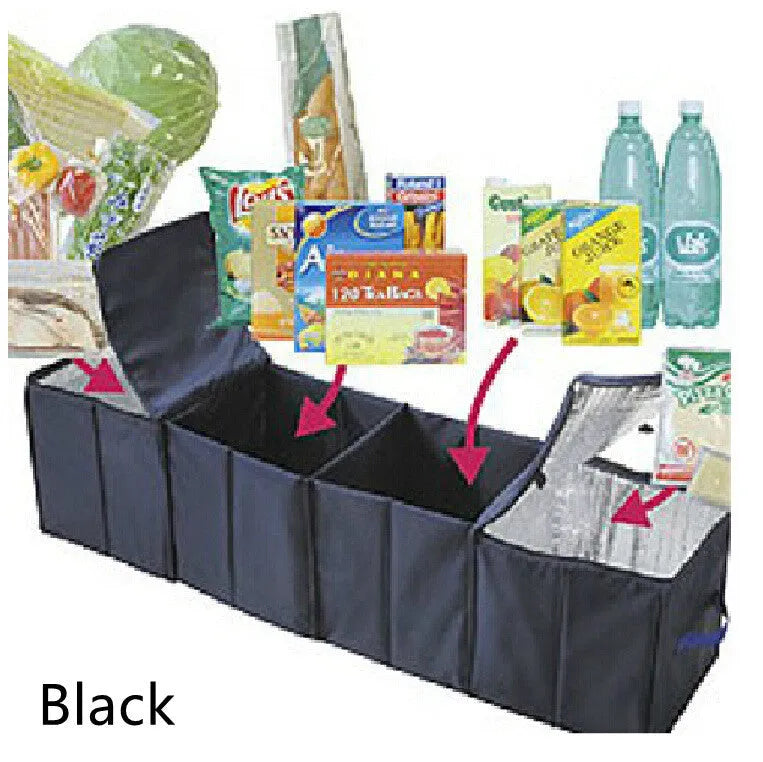 4-compartment foldable multipurpose car storage box in black oxford fabric, measuring 115x30x30cm